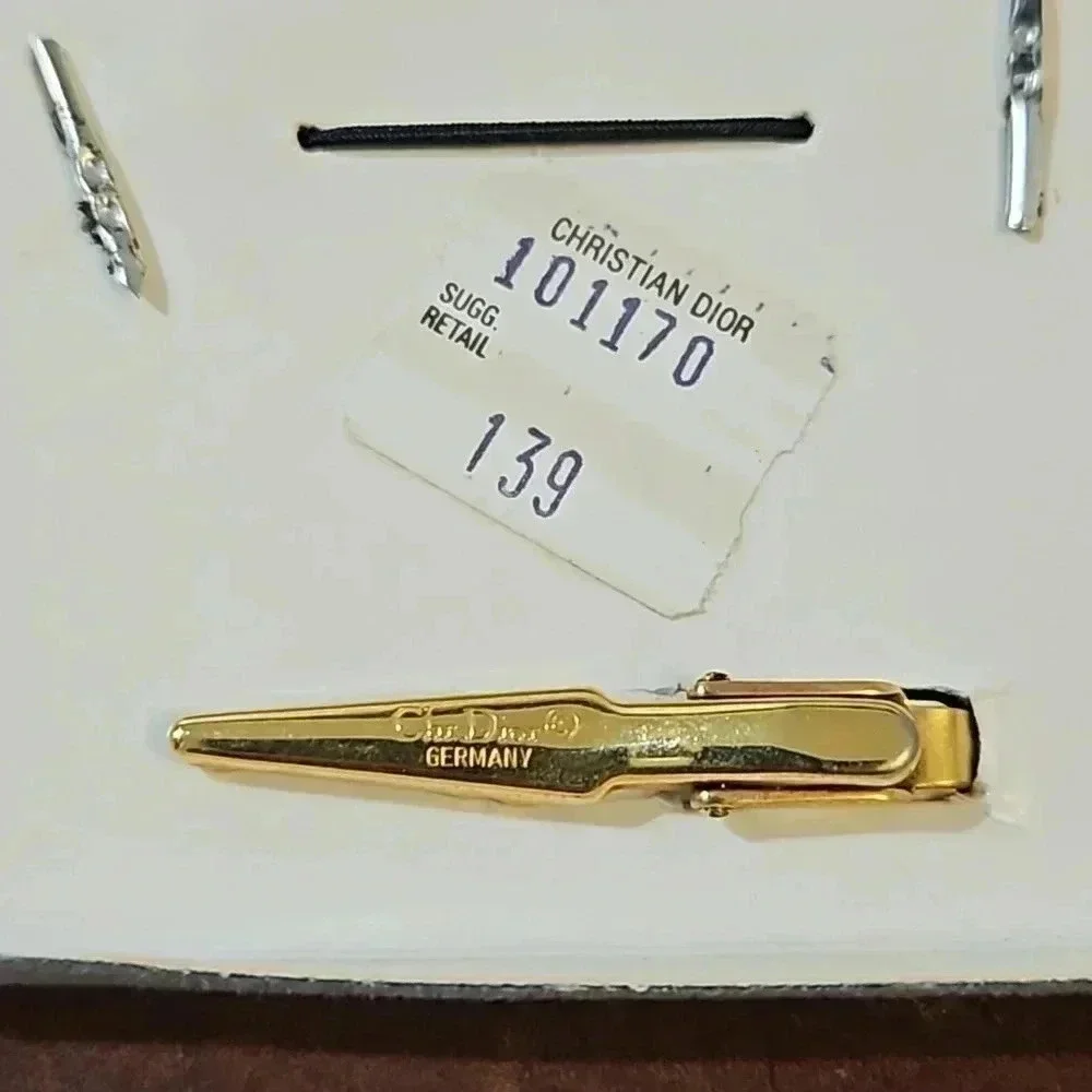Christian Dior Braided Gold Tone Cufflink and Tie Bar Set in Box Vintage